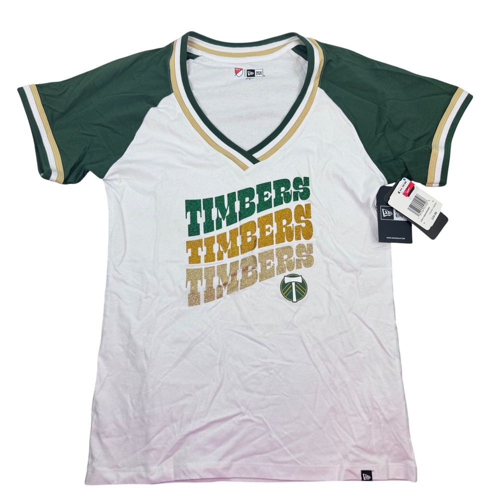 New Era Portland Timbers T-Shirt Women Medium White Green Glitter V-Neck MLS